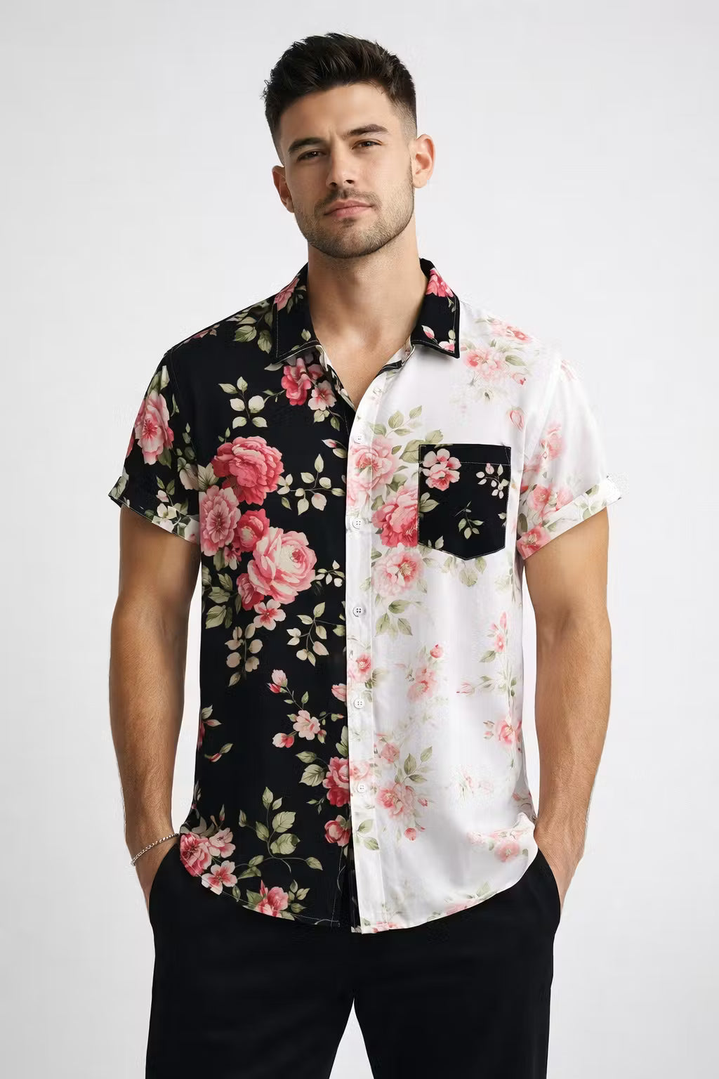 Split Bloom Print Button Shirt