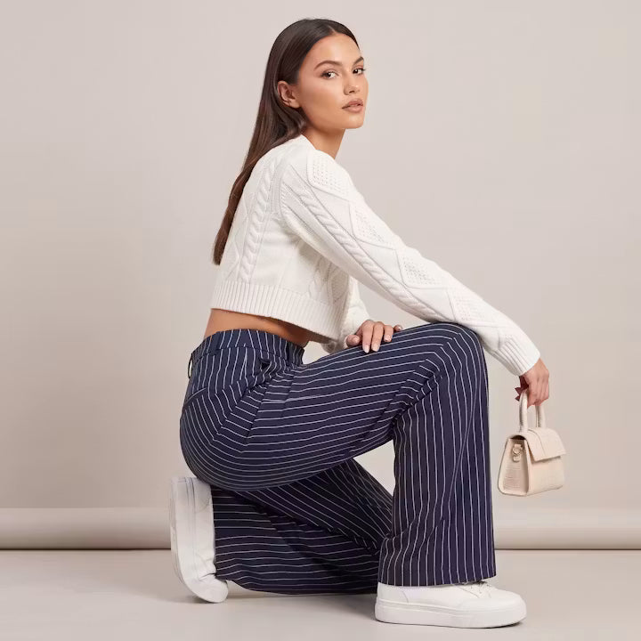 Marin Krijtstreep broek met wijde pijpen
