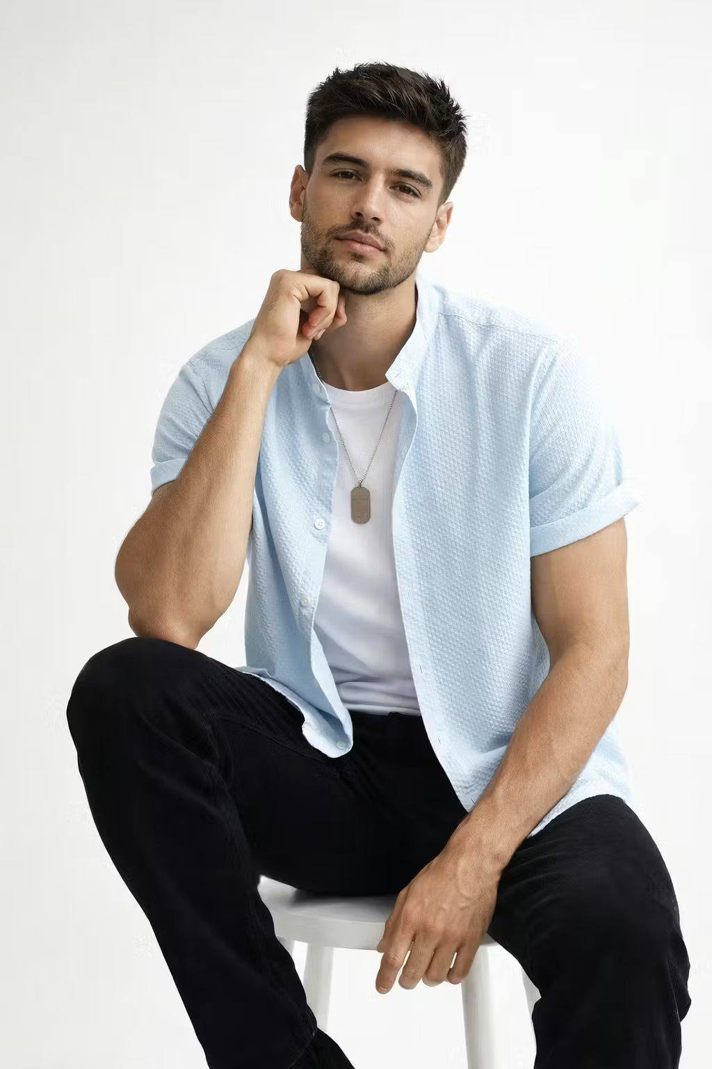 Textured Waffle Stand Collar Short Sleeve Shirt