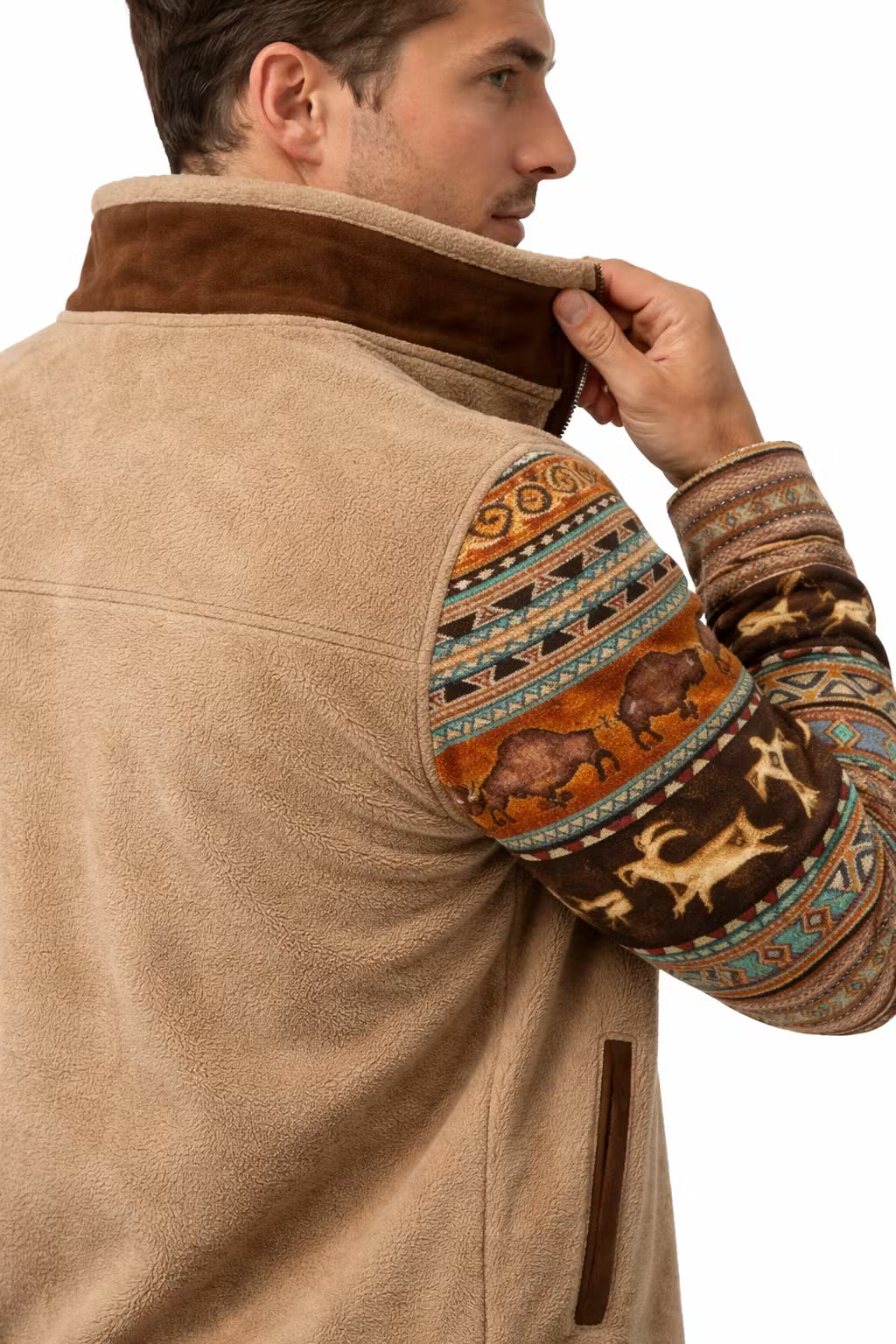 Men’s Fleece-Lined Zip Jacket With Patterned Sleeves