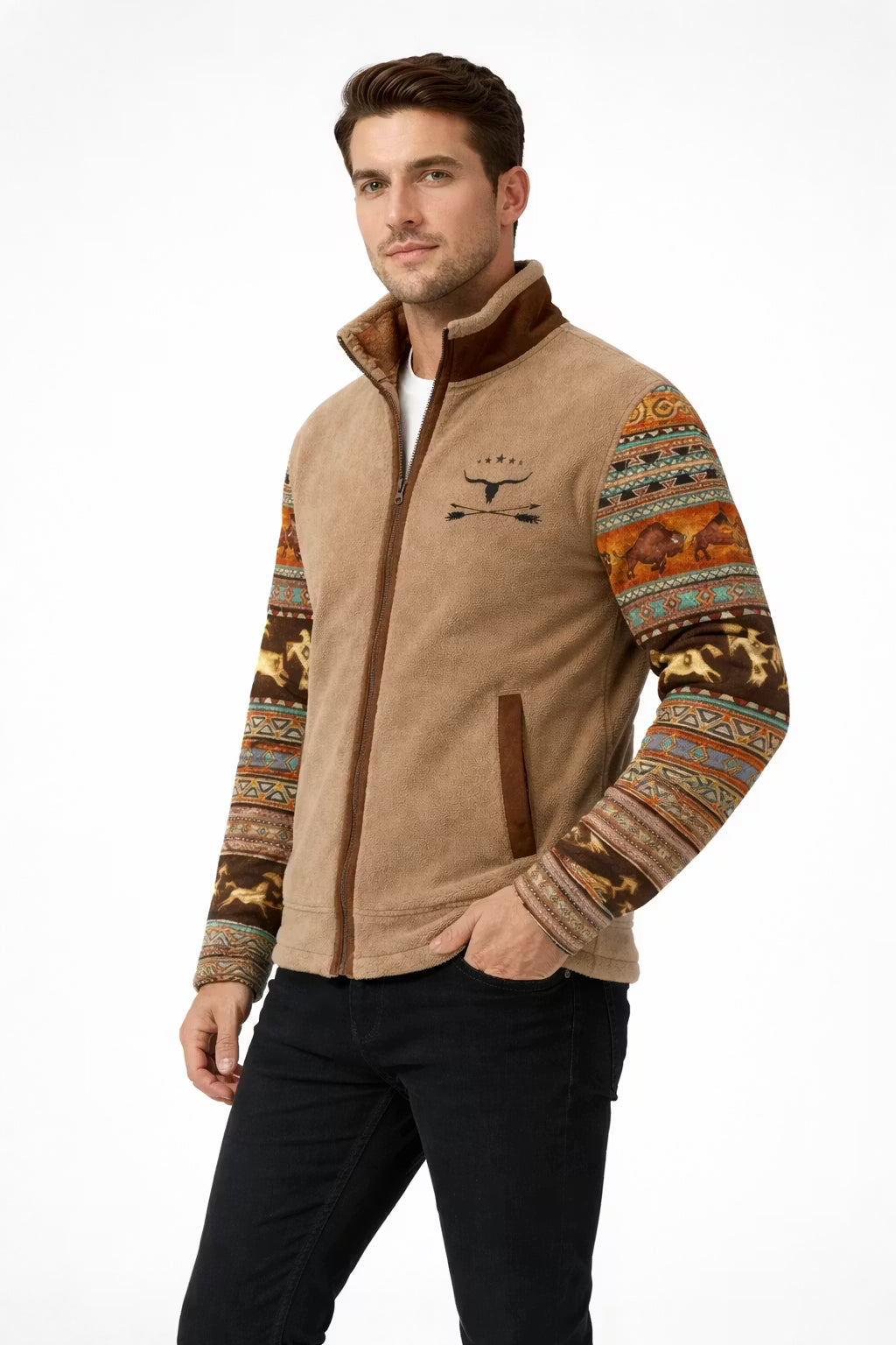 Men’s Fleece-Lined Zip Jacket With Patterned Sleeves