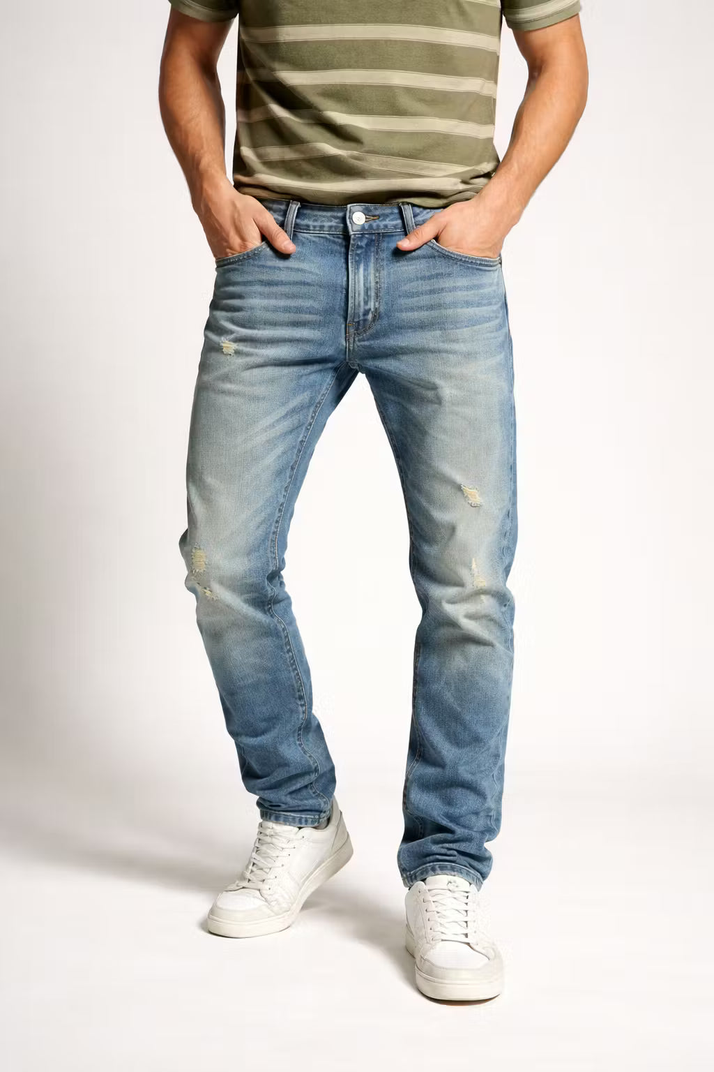 Men’s Distressed Denim Jeans With Straight Fit Button Fly And Worn Texture