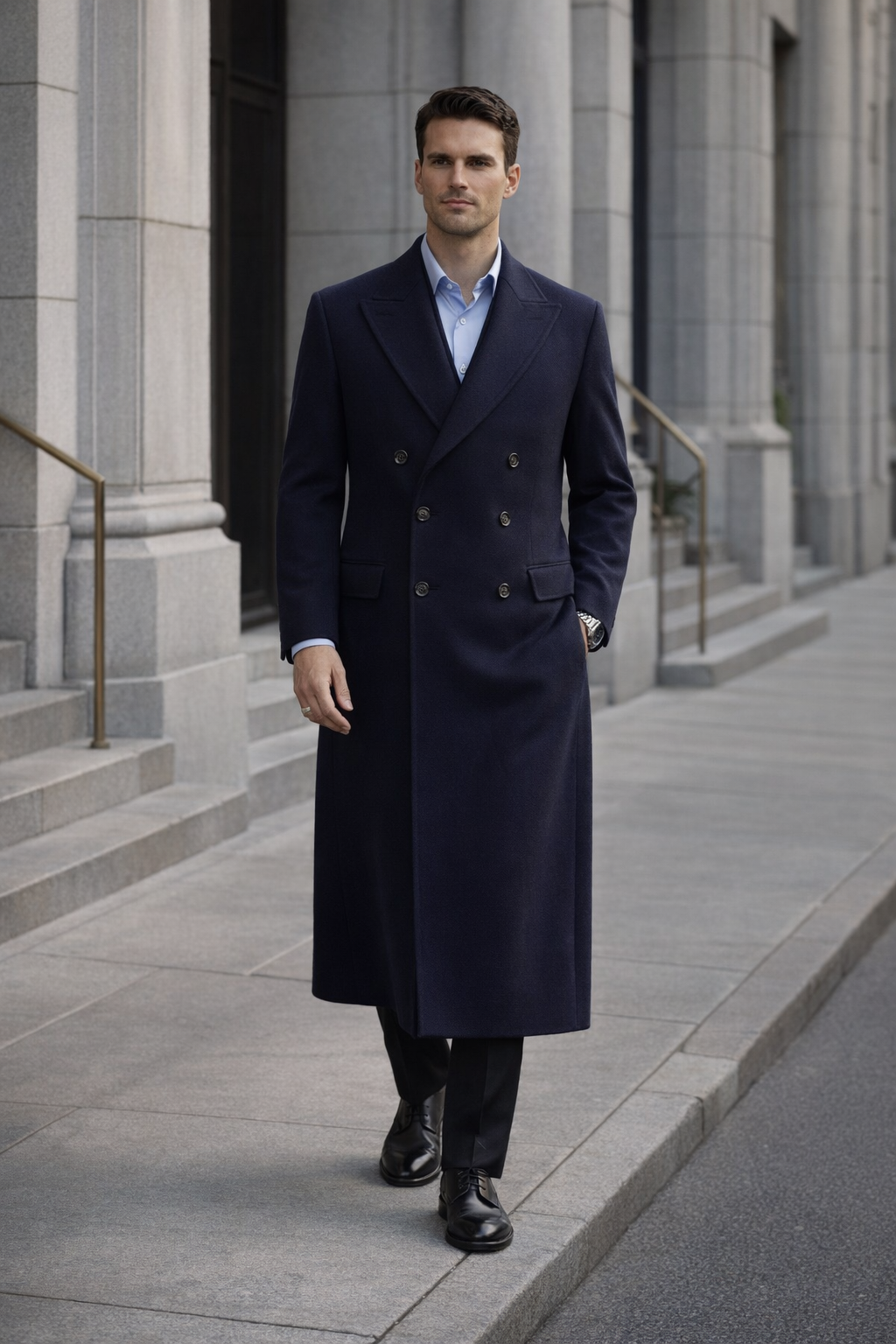 Men’s Navy Long Length Coat With Button Front Notched Collar