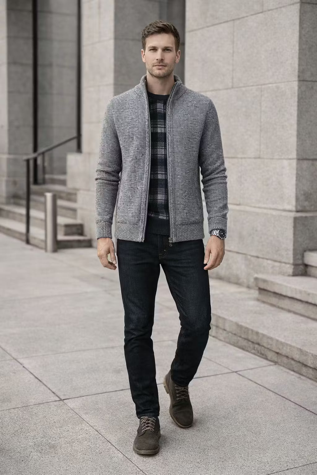 Textured Knit Zip-Up Stand Collar Jacket