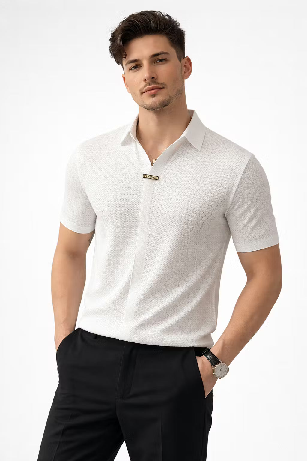 Stretch Waffle Pattern Polo Shirt