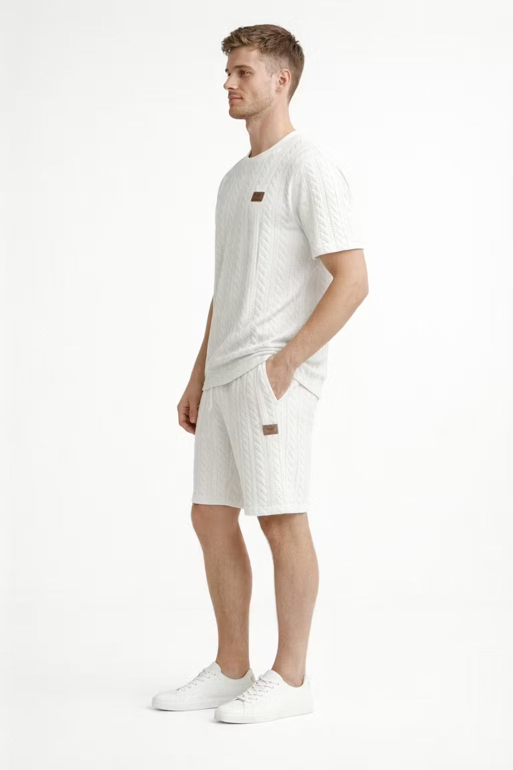 Cable Knit Textured T-Shirt and Drawstring Shorts Set