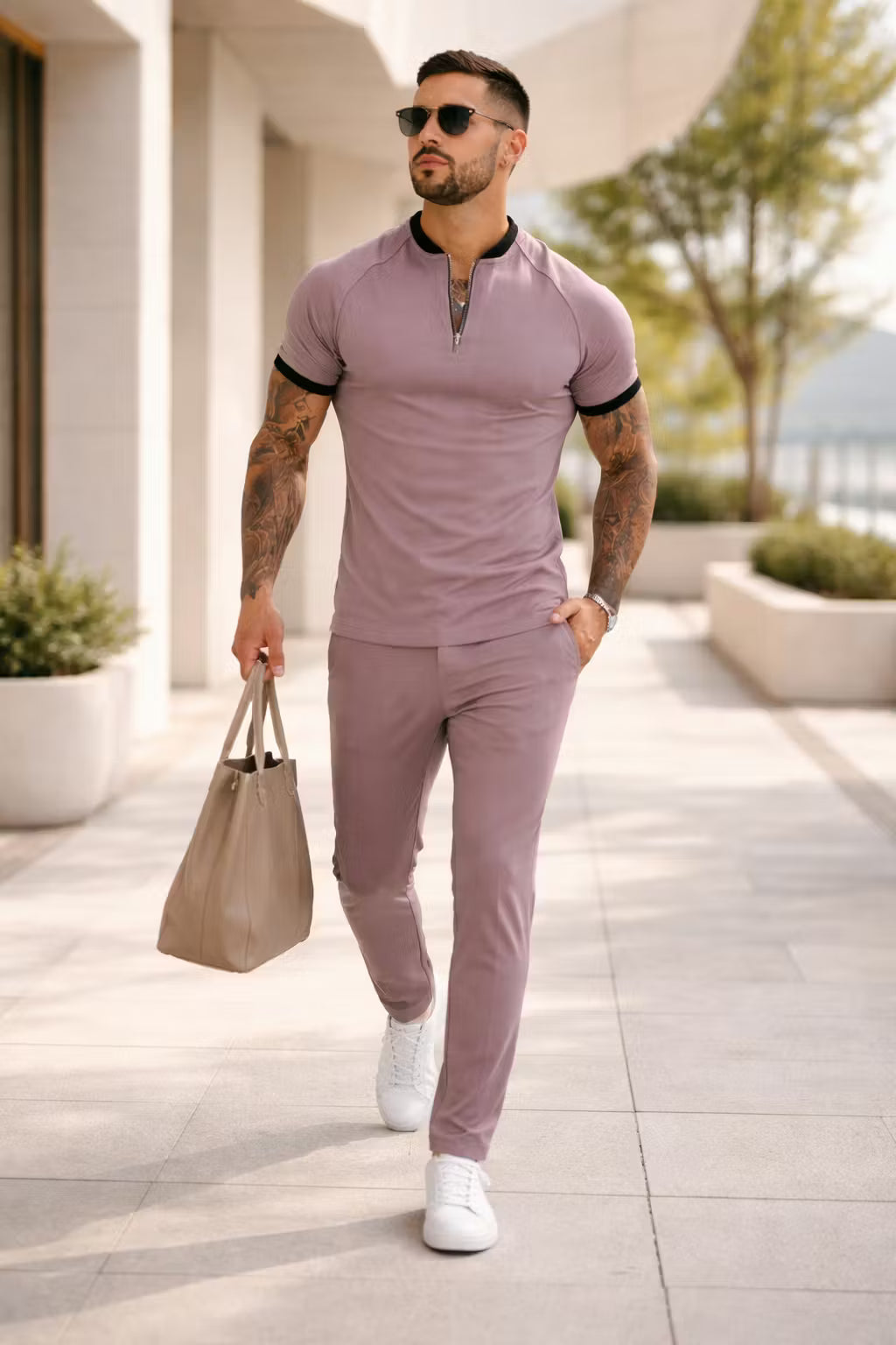 Zip Collar Short Sleeve Top and Slim Trousers Set