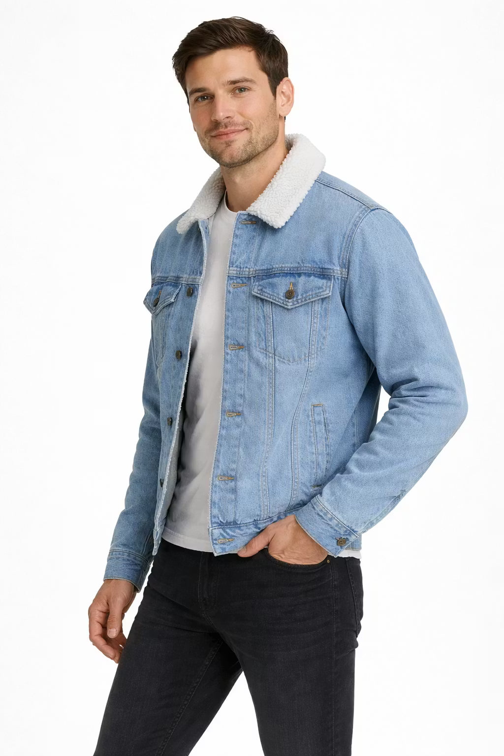Men’s Lamb Wool Collar Blue Denim Jacket