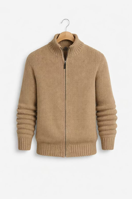 Men’s Knit Zip Cardigan Sweater with Ribbed Yarn Texture