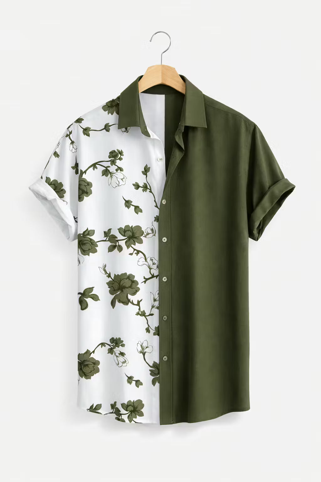 Dual Panel Floral Print Short Sleeve Button Shirt