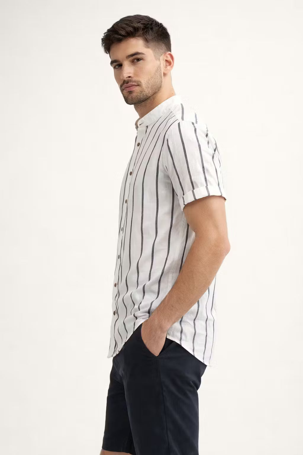 Vertical Stripe Stand Collar Short Sleeve Shirt - Set Option