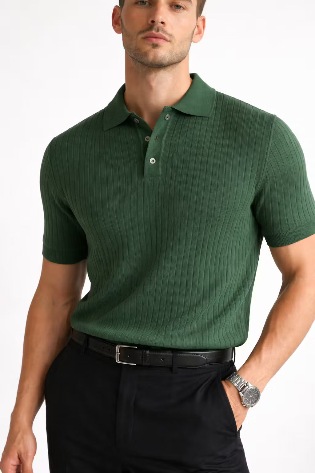 Ribbed Knit Short Sleeve Polo Shirt