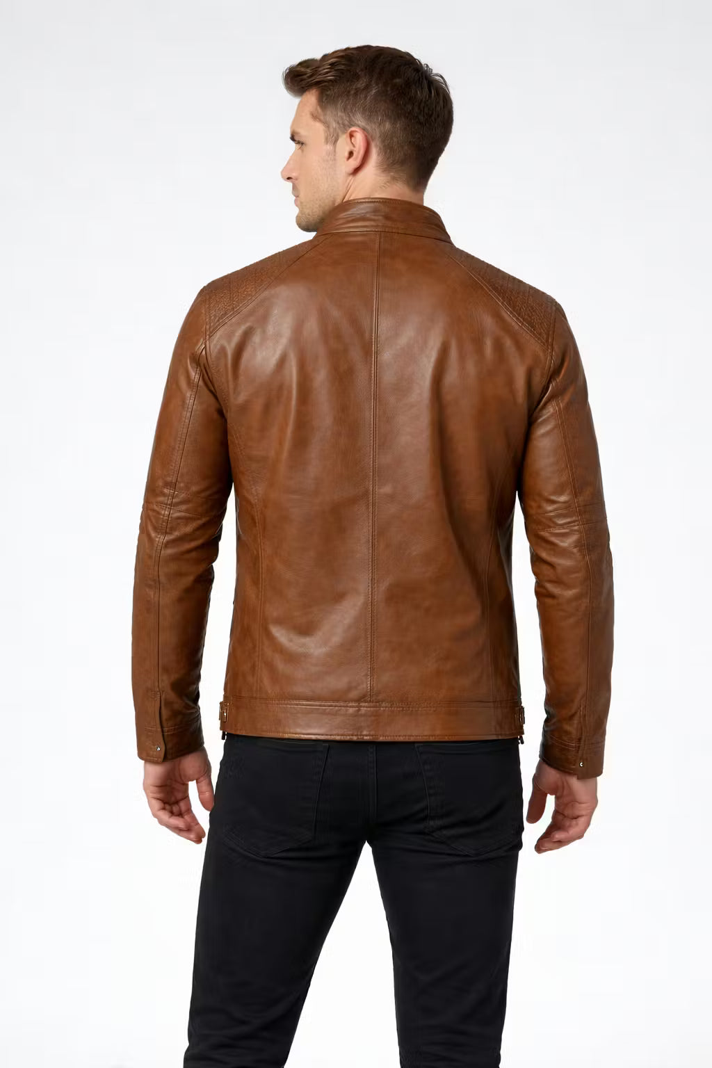 Men’s Brown Coated Textile Zip Jacket with Structured Seam Detailing High Collar