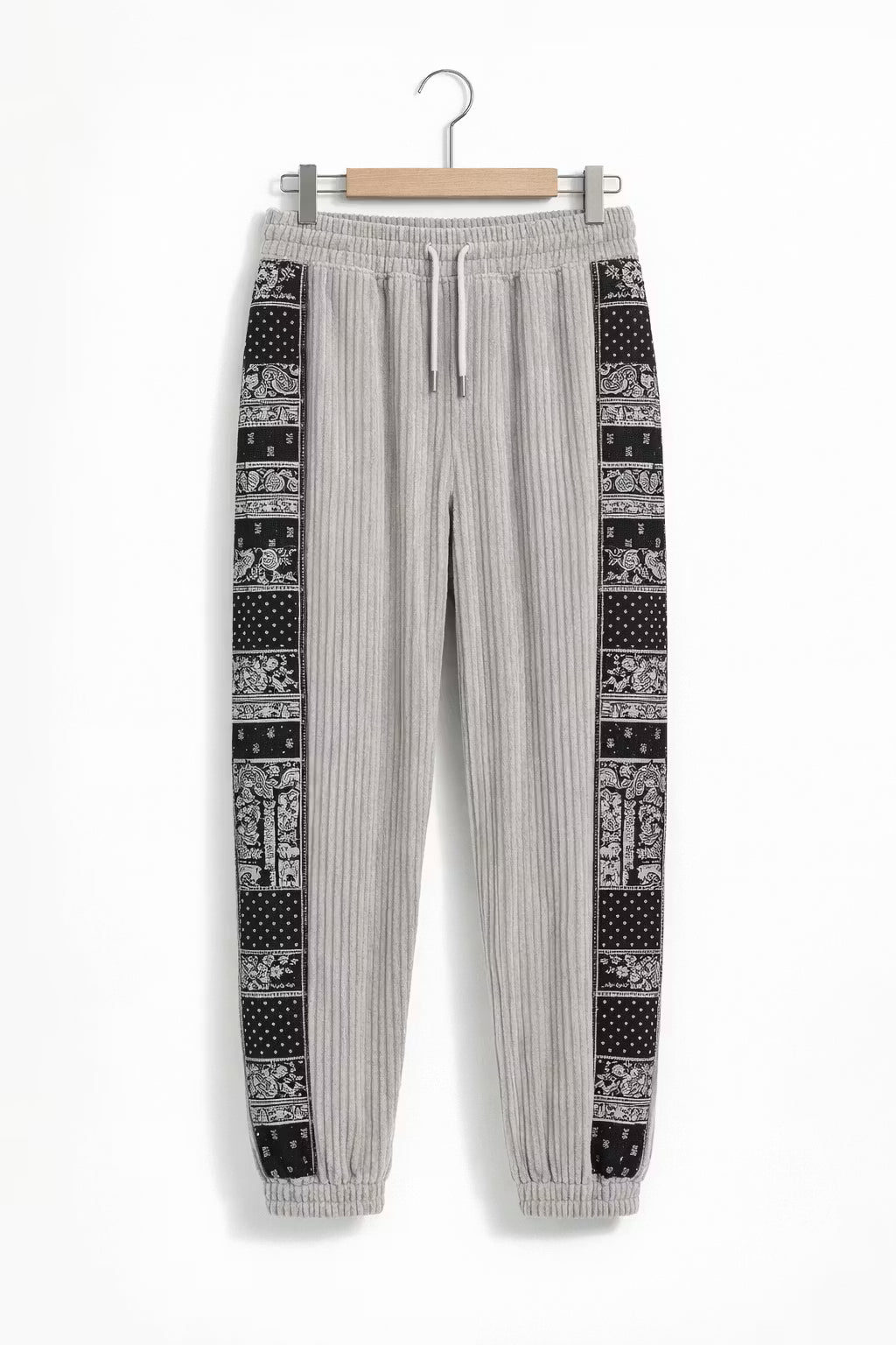 Textured Corduroy Drawstring Trousers with Pattern Panel