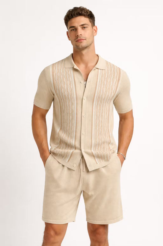 Vertical Stripe Textured Knit Button Shirt