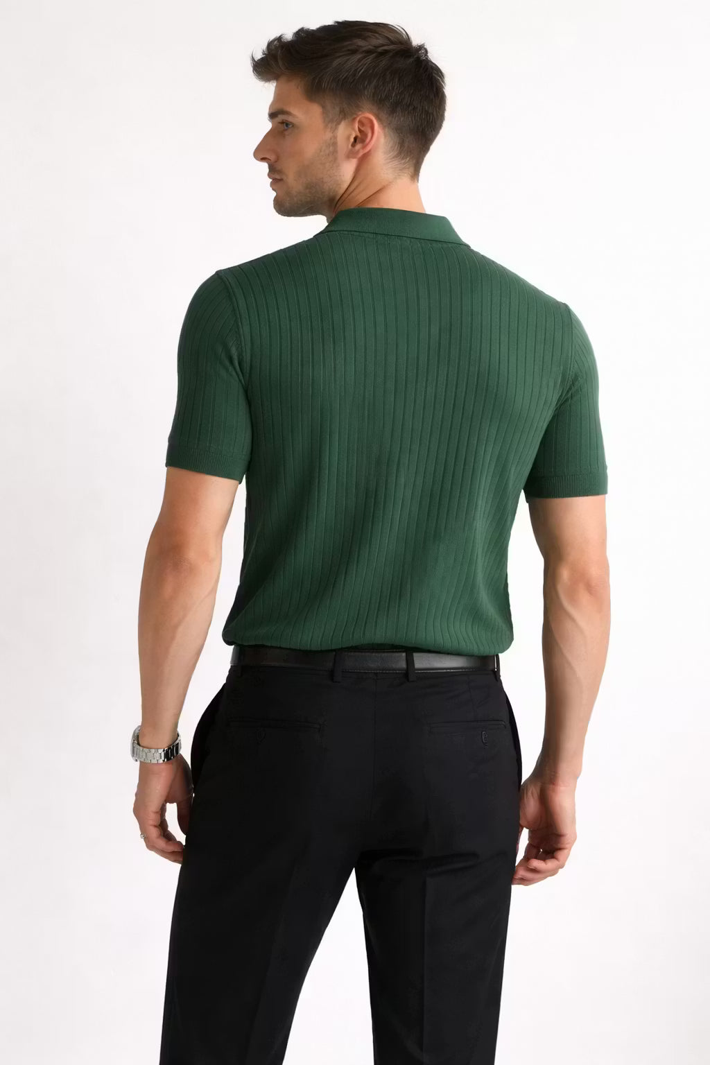 Ribbed Knit Short Sleeve Polo Shirt