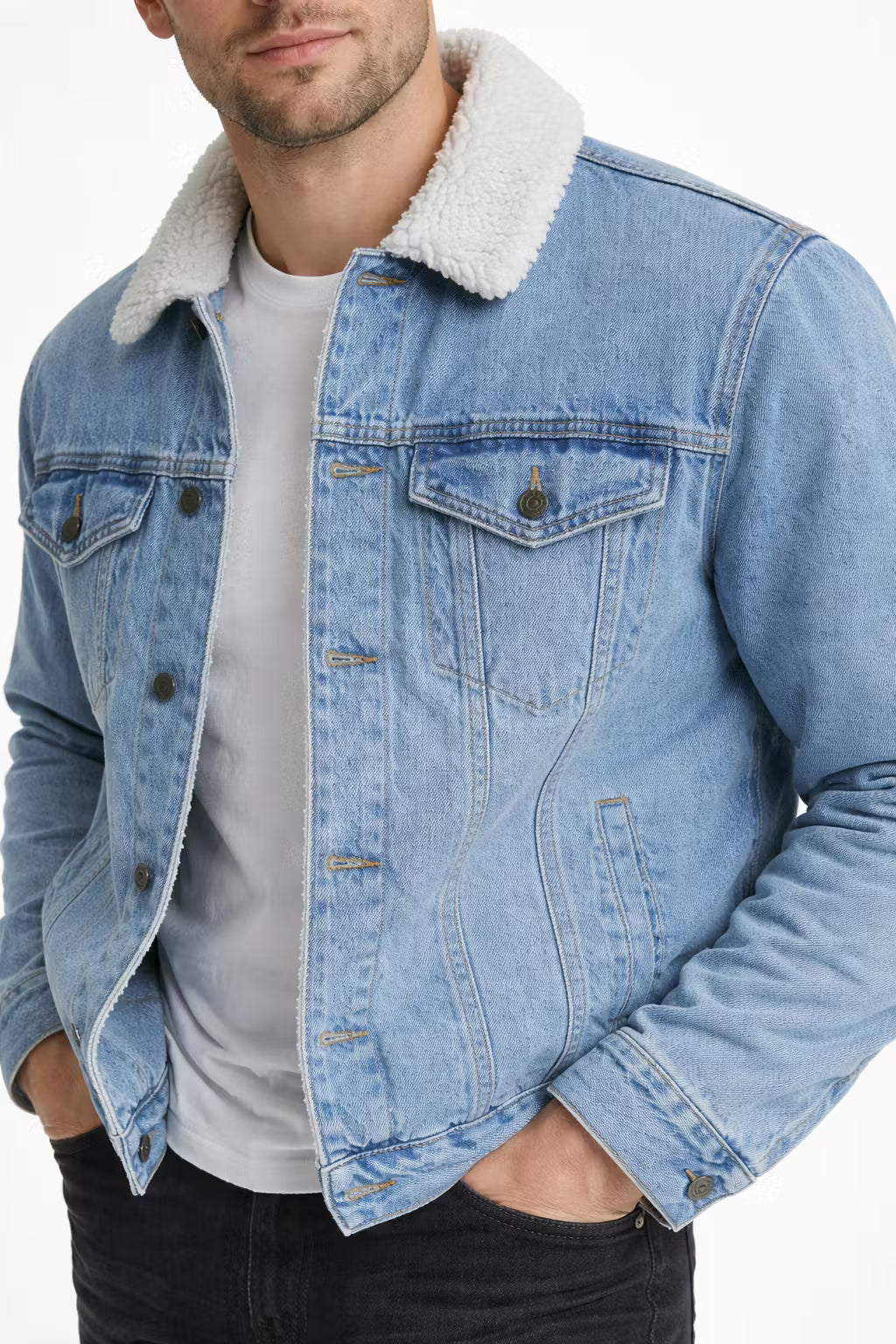 Men’s Lamb Wool Collar Blue Denim Jacket