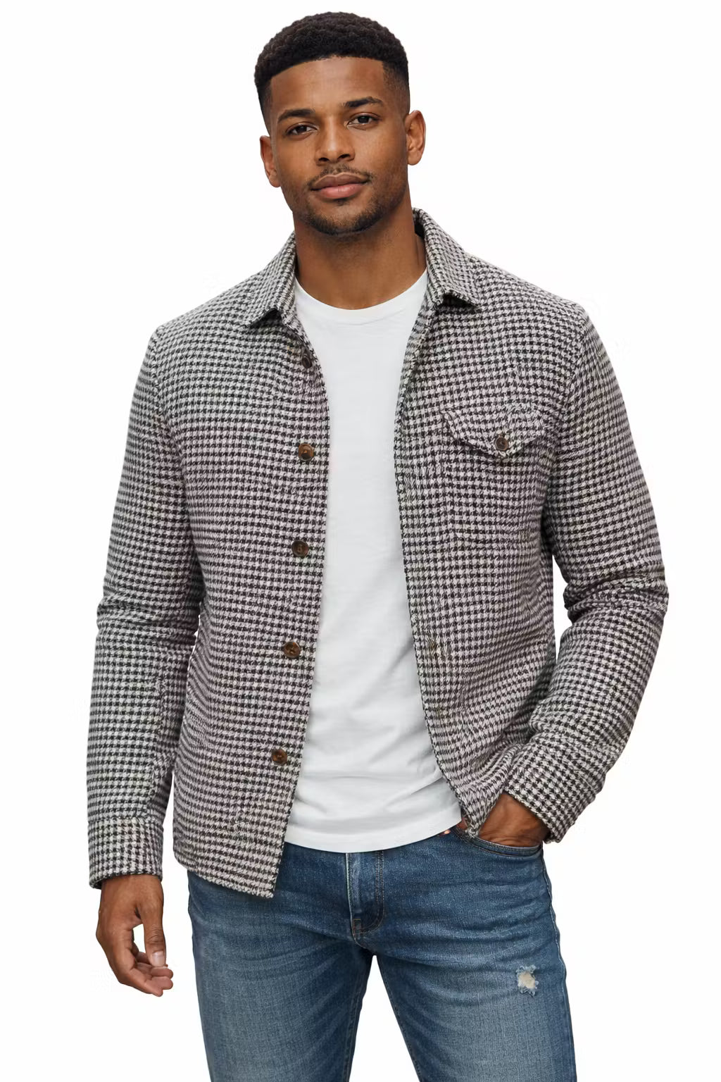 Textured Check Button Shirt Jacket