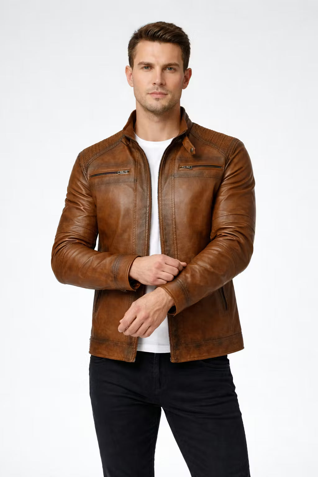 Men’s Brown Coated Textile Zip Jacket with Structured Seam Detailing High Collar