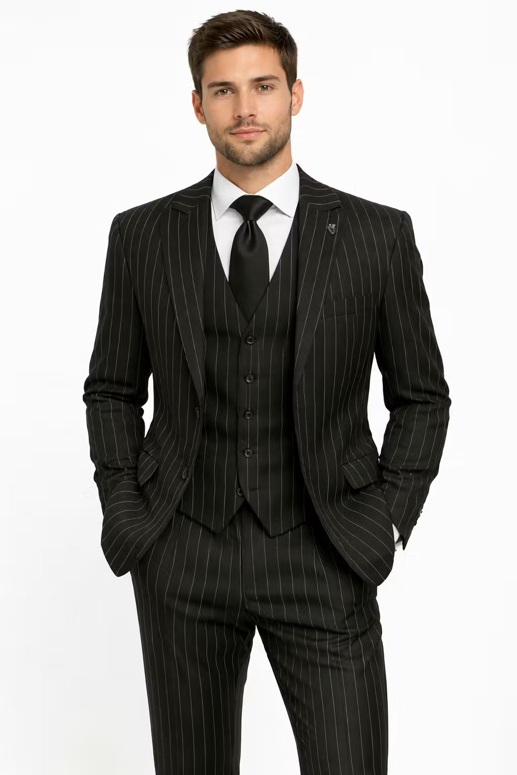 Men’s Black Pinstripe Three Piece Suit With Jacket Vest And Trousers