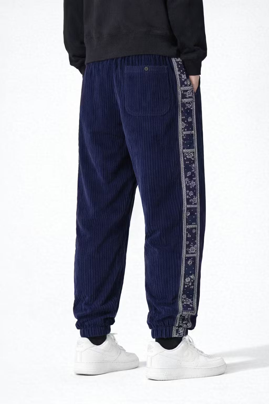 Textured Corduroy Drawstring Trousers with Pattern Panel