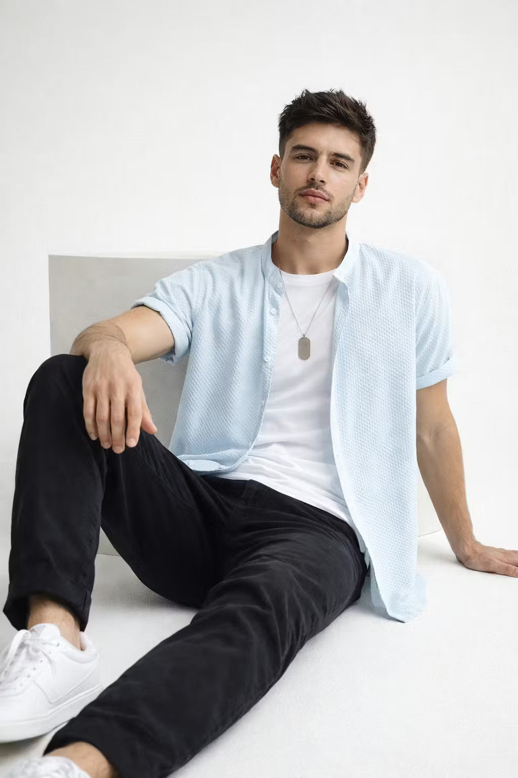 Textured Waffle Stand Collar Short Sleeve Shirt