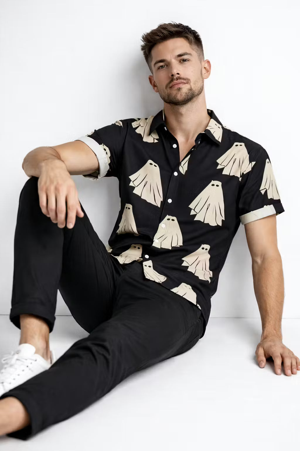 Ghost Print Short Sleeve Button Shirt