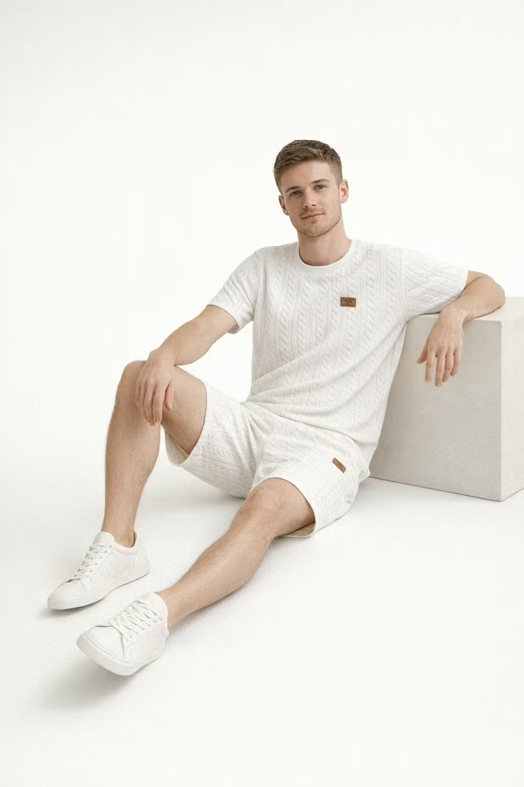 Cable Knit Textured T-Shirt and Drawstring Shorts Set