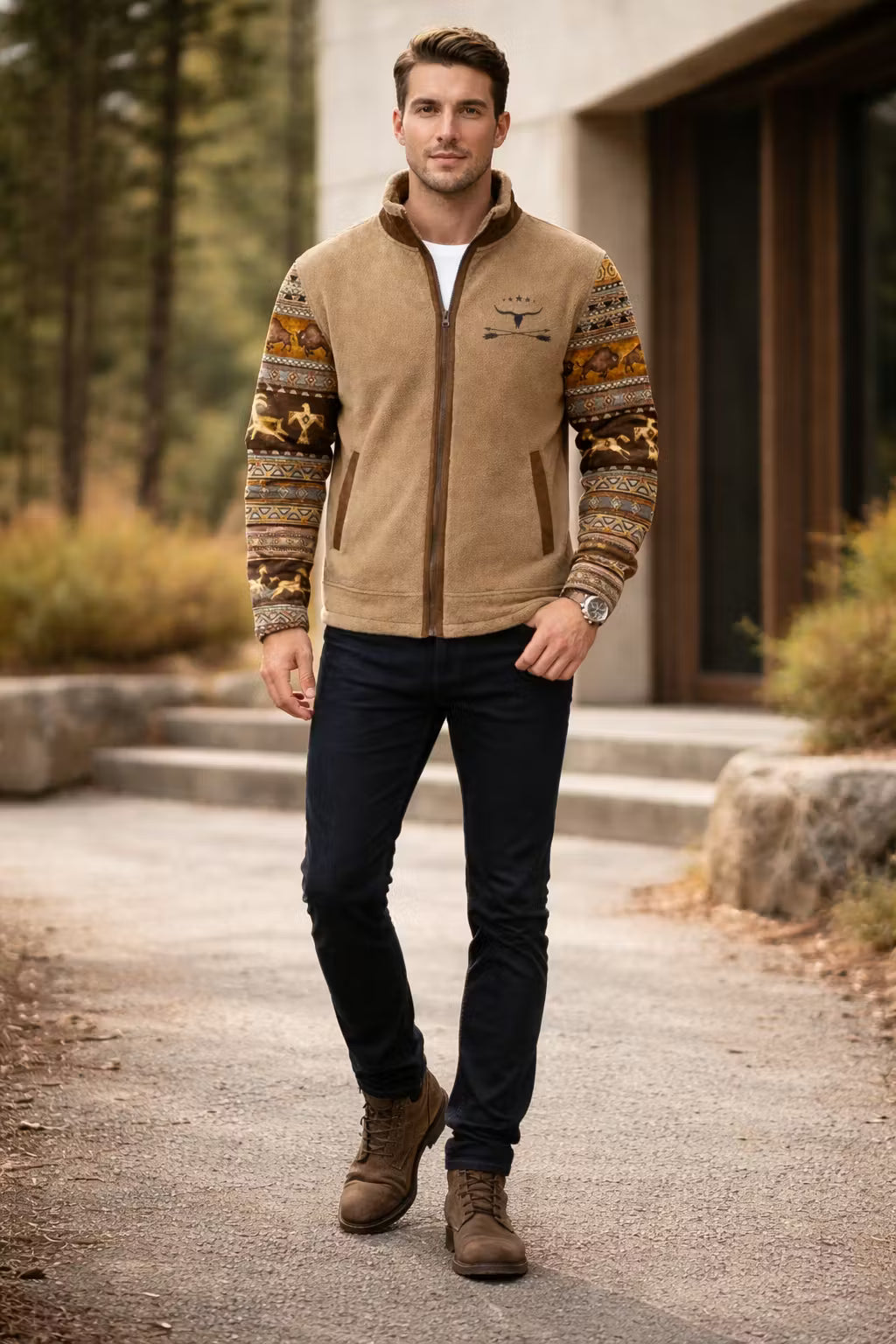 Men’s Fleece-Lined Zip Jacket With Patterned Sleeves