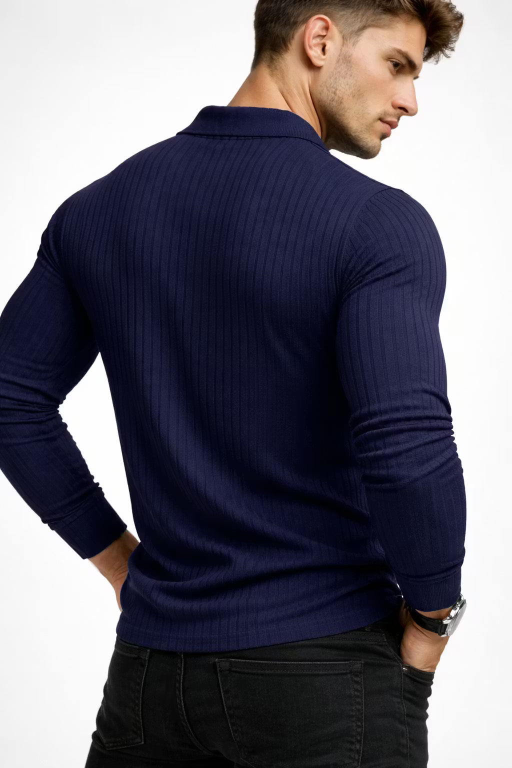Ribbed Knit Long Sleeve Polo Shirt