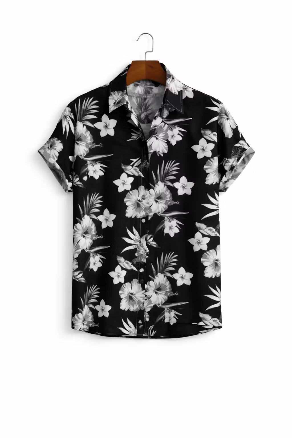 Monochrome Floral Print Short Sleeve Button Shirt