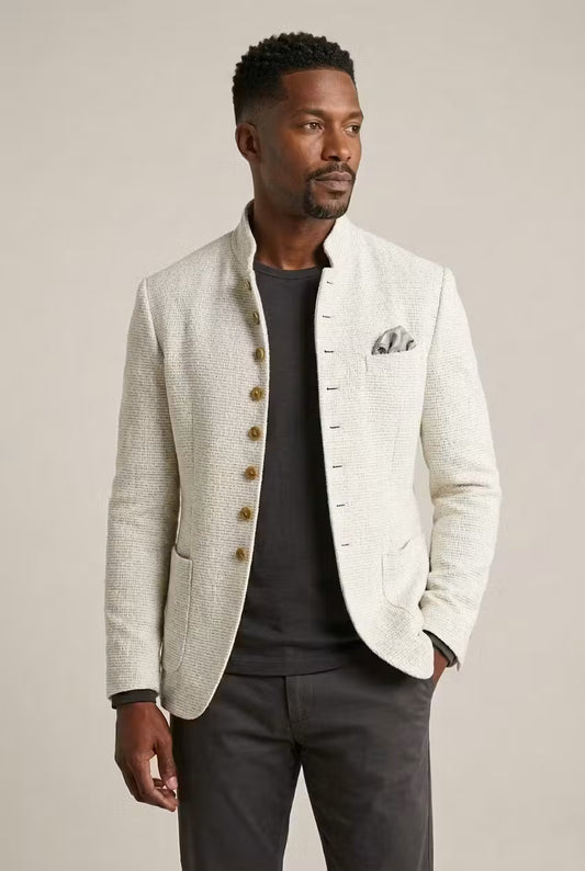 Blazer Texturizado con Cuello Mao en Marfil