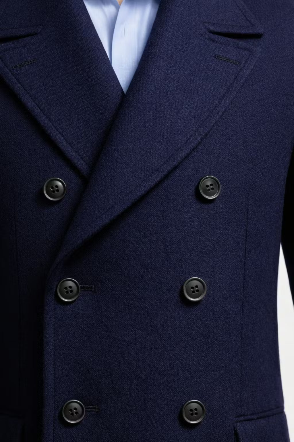 Men’s Navy Long Length Coat With Button Front Notched Collar