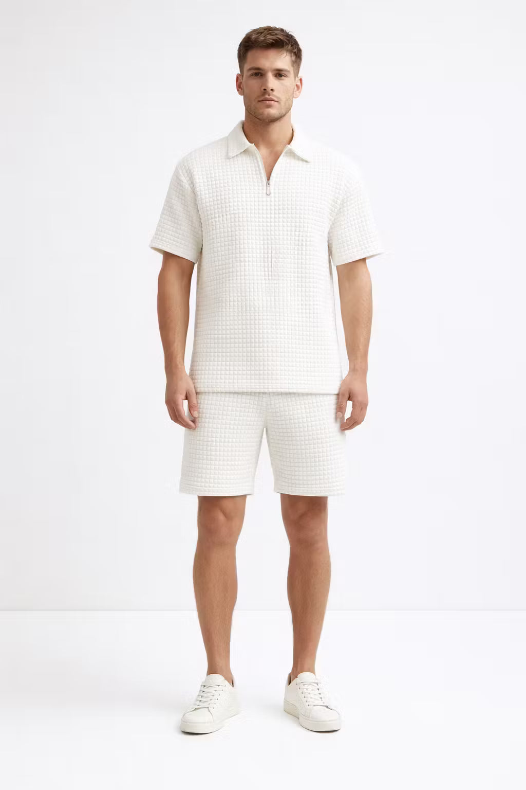 Grid Knit Cotton Monochromatic Short Set