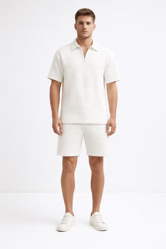 Grid Knit Cotton Monochromatic Short Set