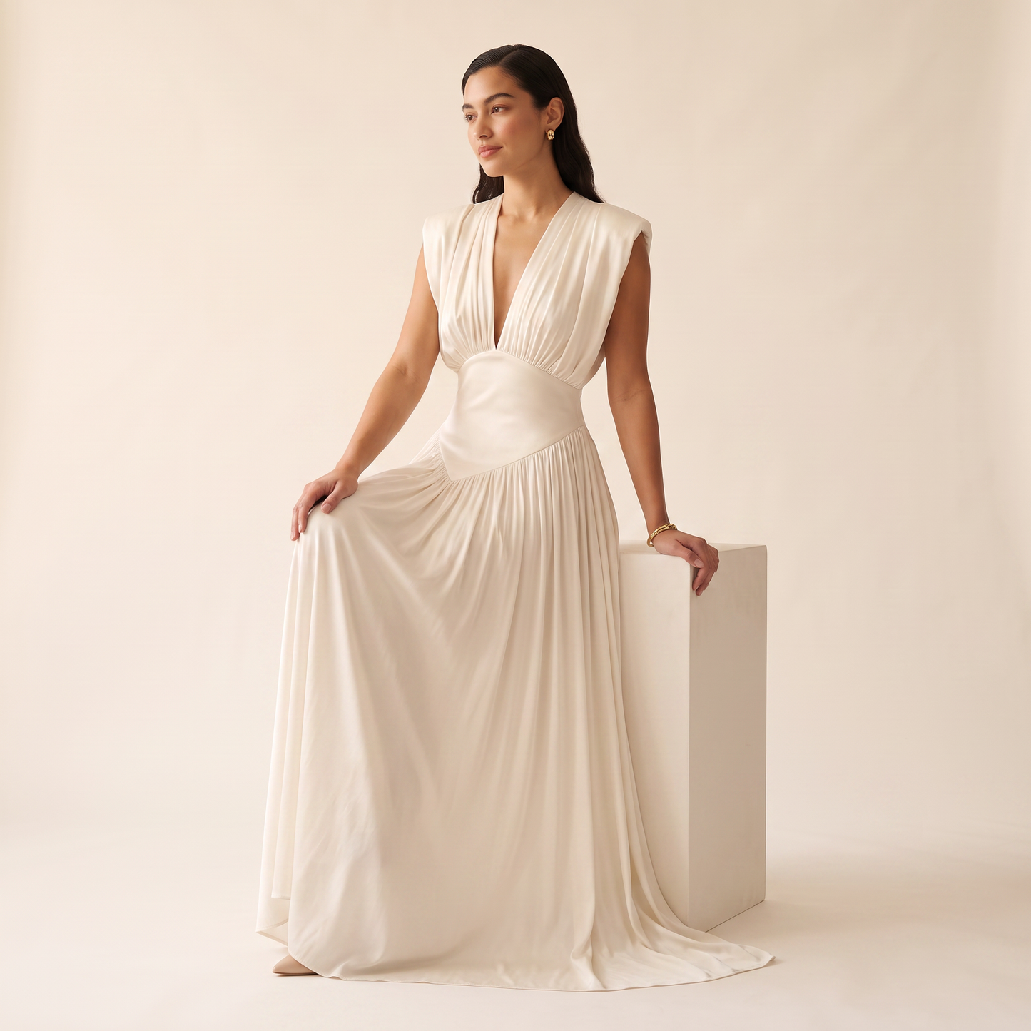 Ivory maxi-jurk met drapering en split