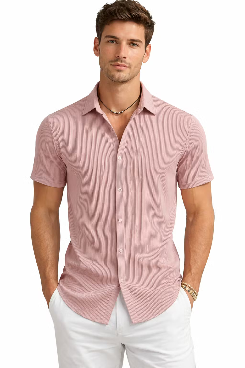 Vertical Textured Short Sleeve Button Shirt