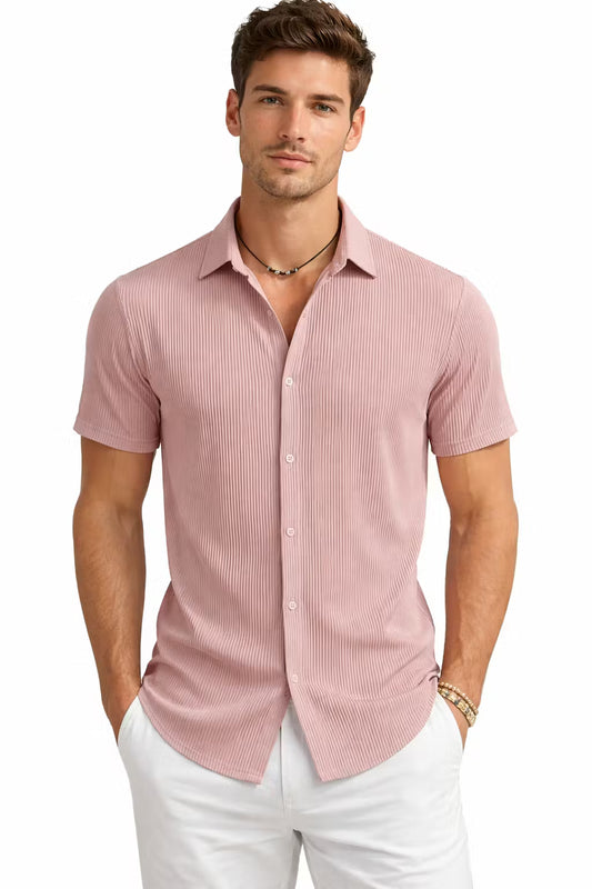 Vertical Textured Short Sleeve Button Shirt