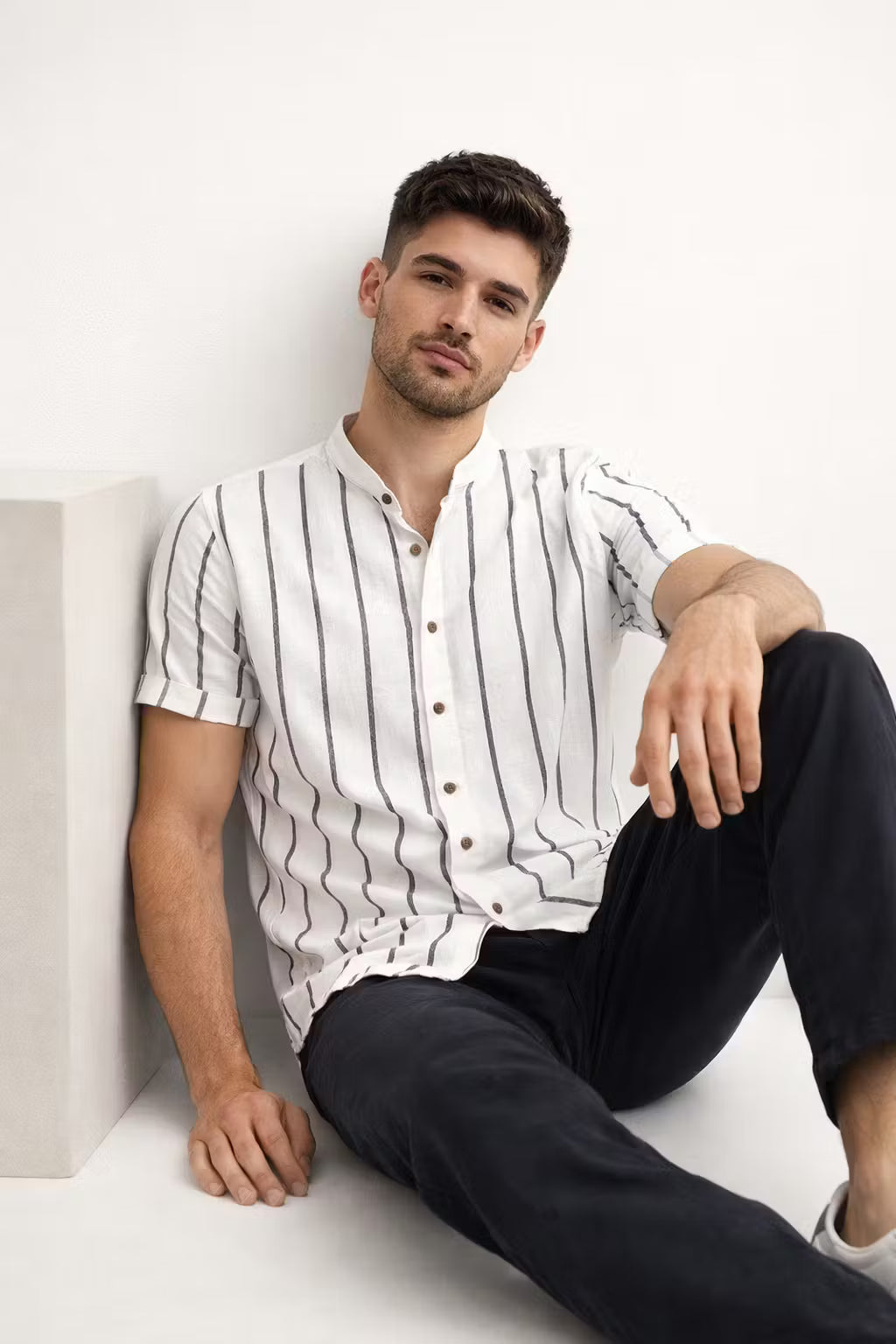 Vertical Stripe Stand Collar Short Sleeve Shirt - Set Option