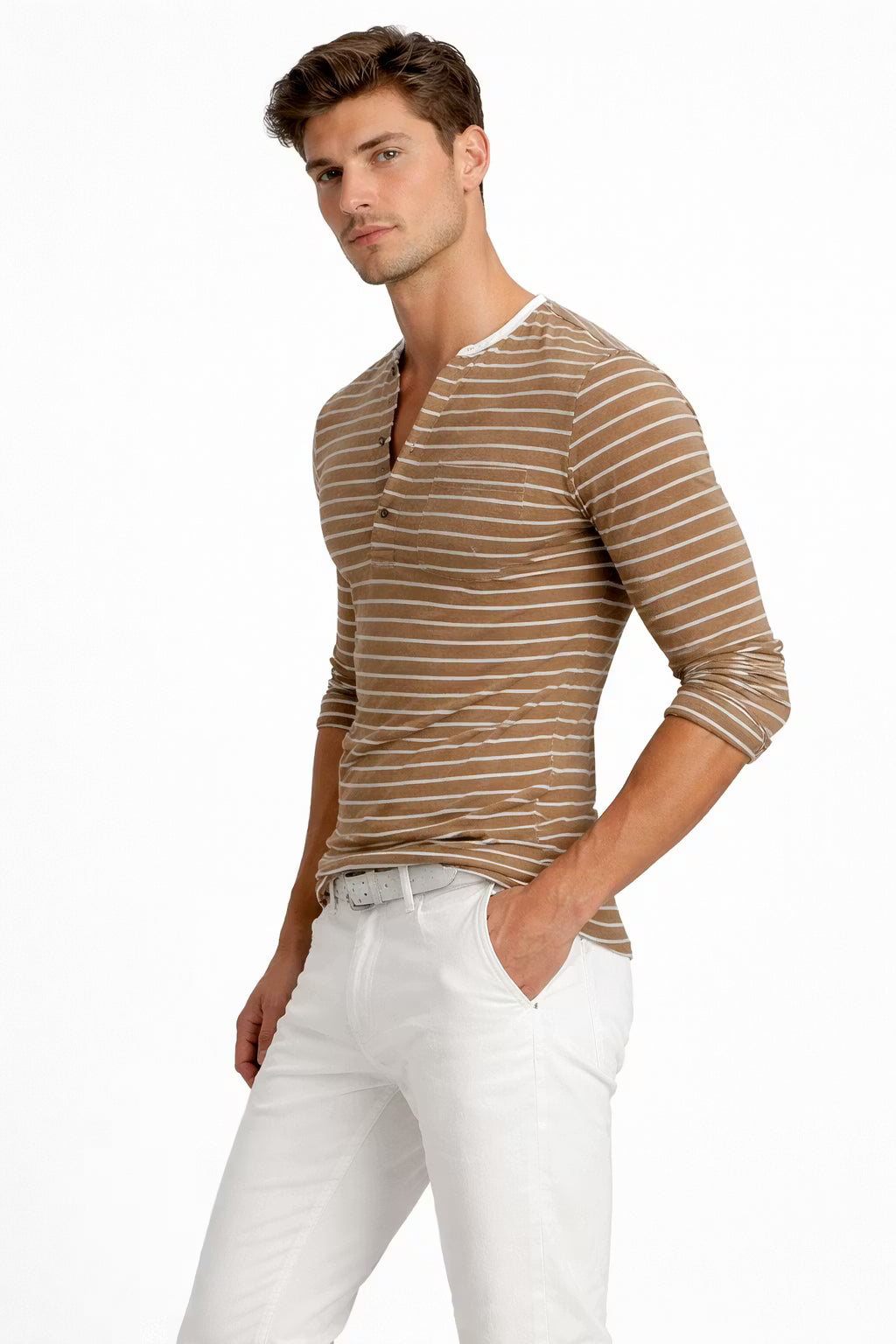 Striped Button Henley Long Sleeve Shirt