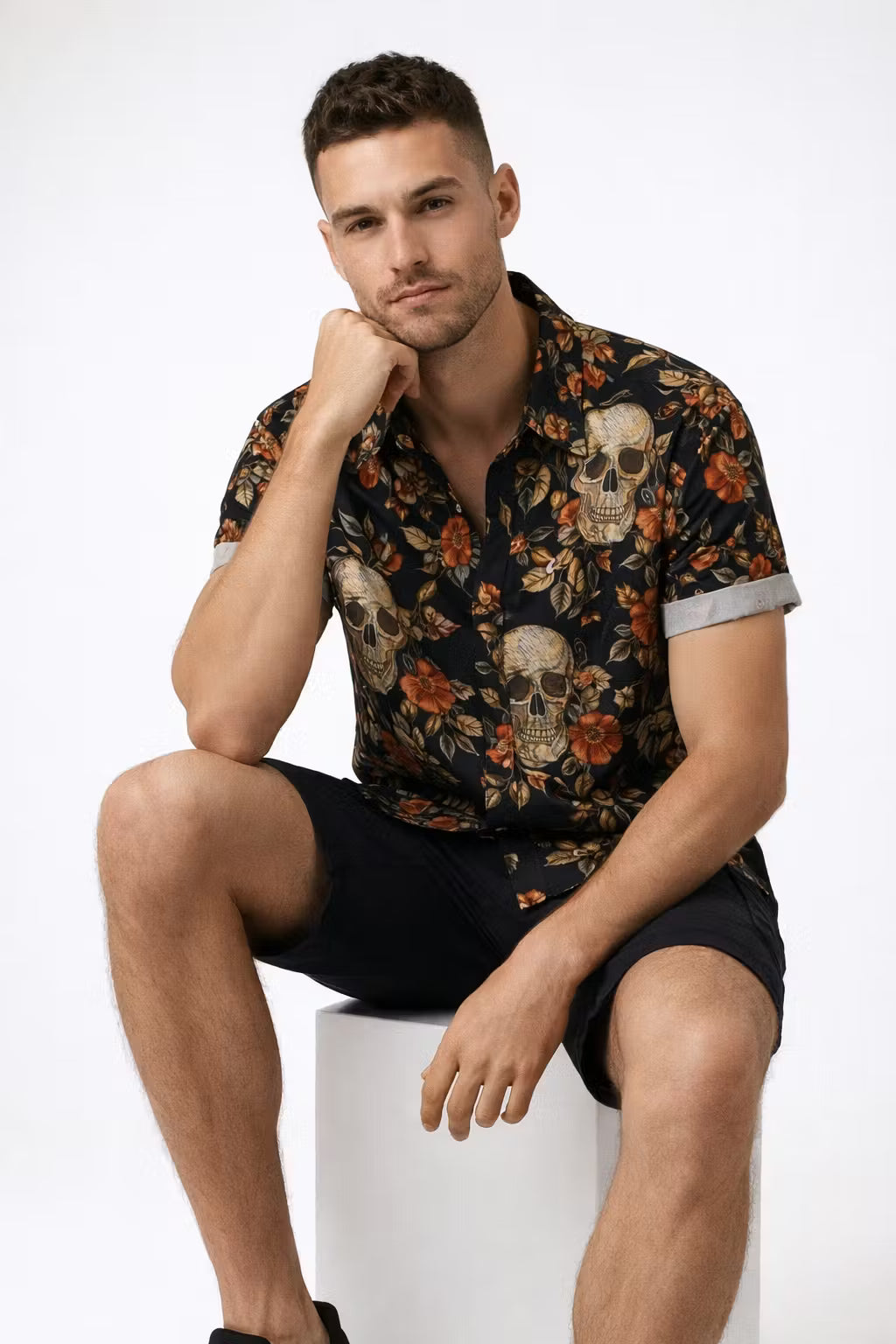 Floral Skull Print Short Sleeve Button Shirt