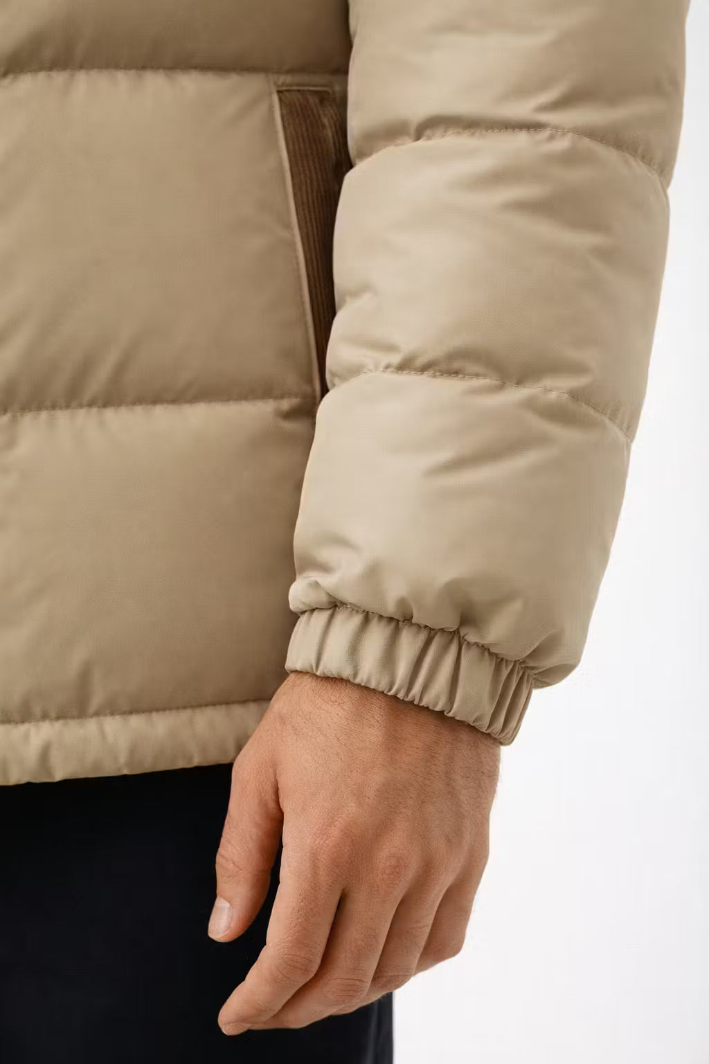 Corduroy Panel Cotton Filled Hooded Puffer Jacket