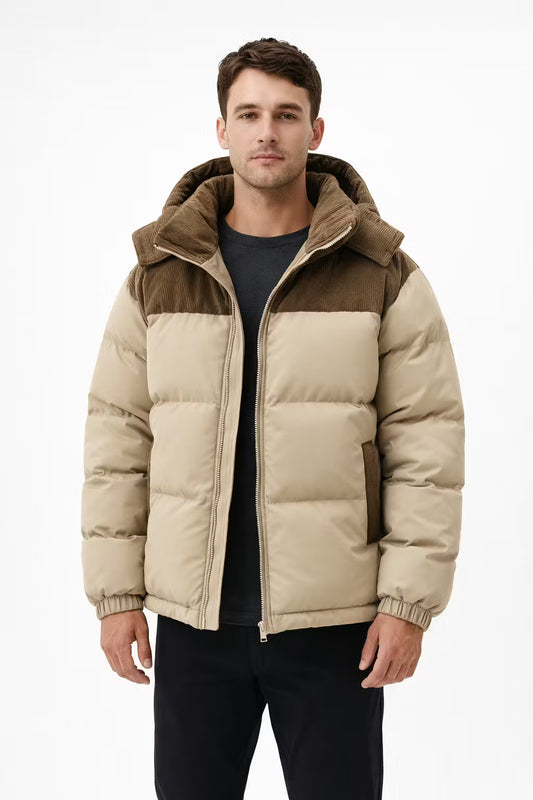 Corduroy Panel Cotton Filled Hooded Puffer Jacket