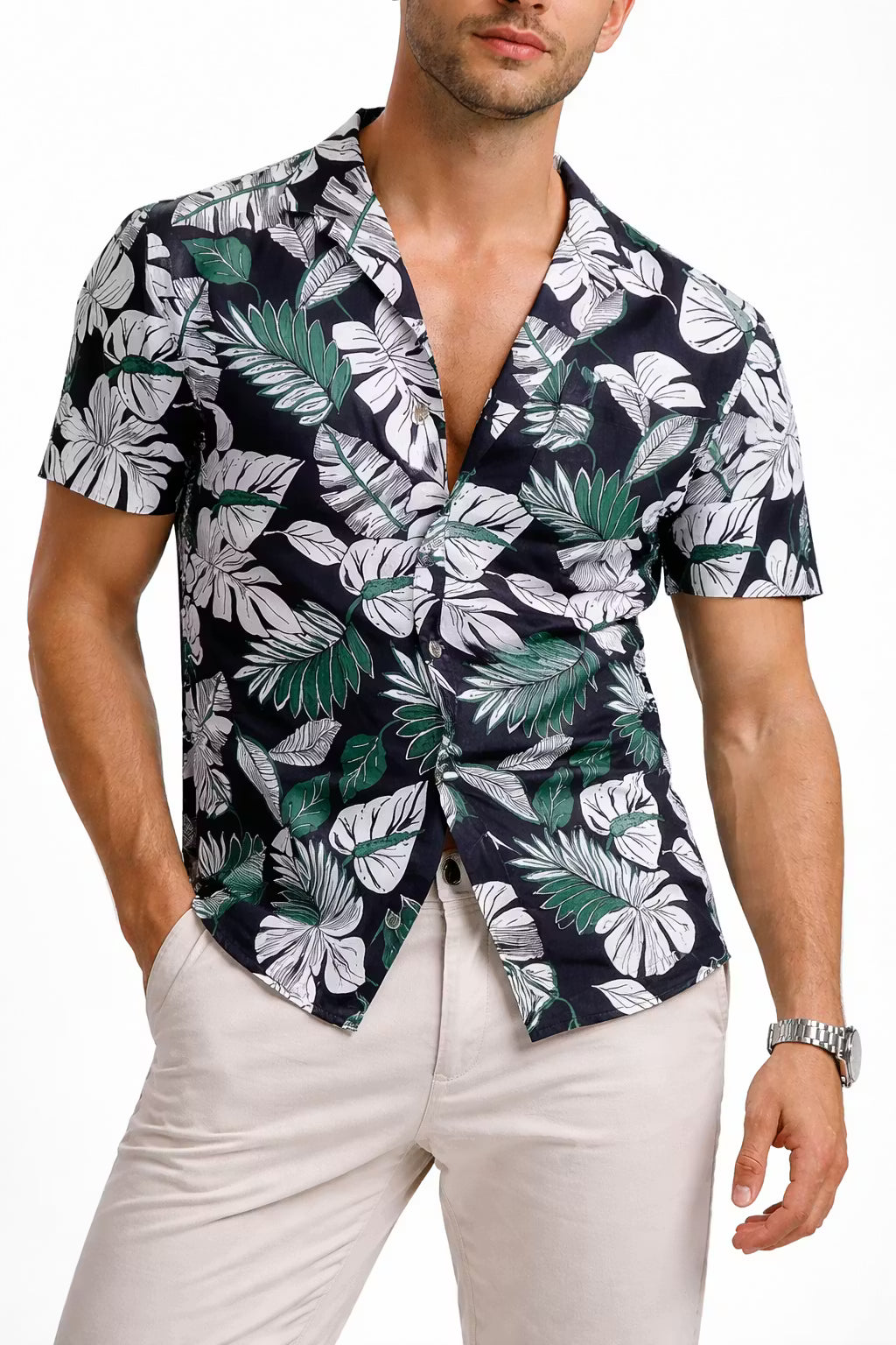 Mediterranean Palm Print Camp Collar Shirt