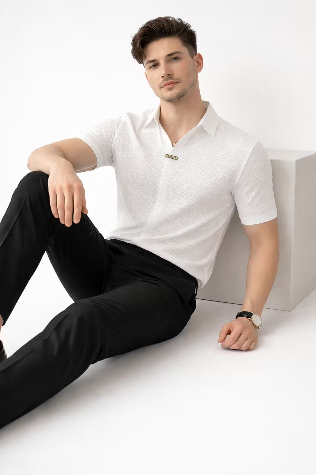 Stretch Waffle Pattern Polo Shirt