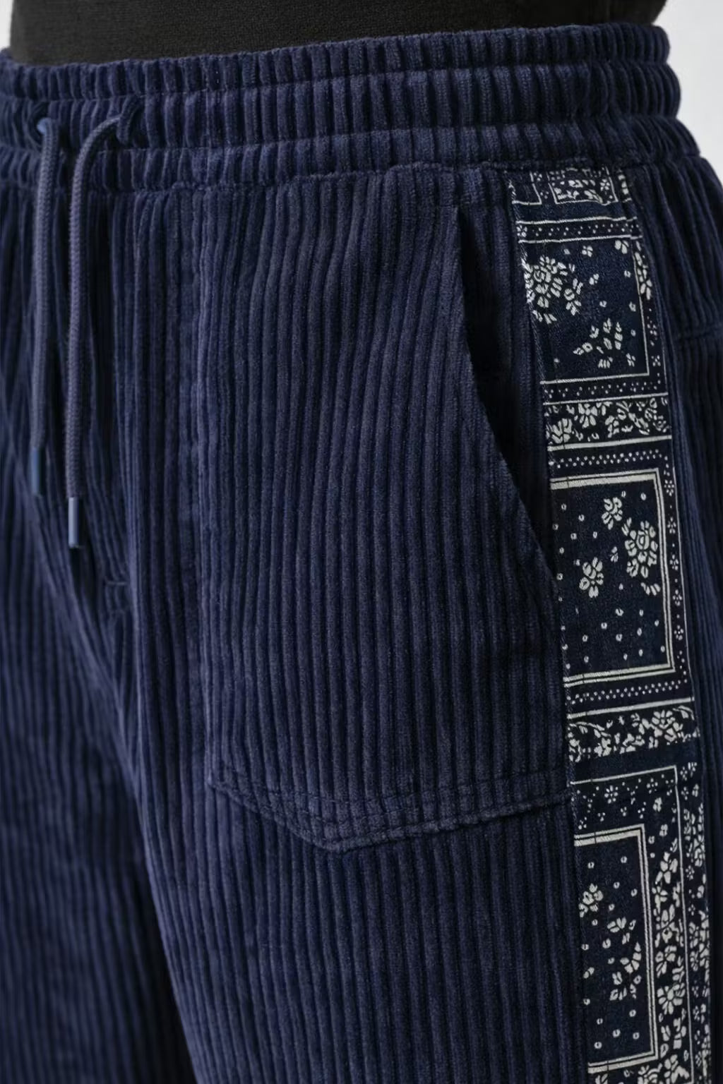 Textured Corduroy Drawstring Trousers with Pattern Panel