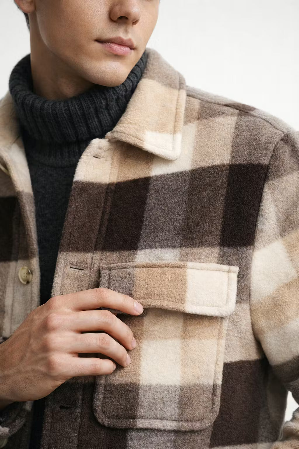 Check Pattern Wool Blend Overshirt Jacket