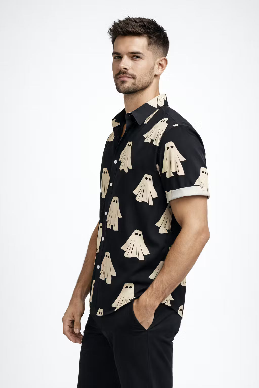 Ghost Print Short Sleeve Button Shirt
