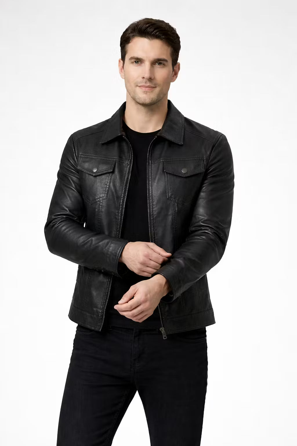 Men’s Black Coated Textile Zip Jacket with Structured Panel