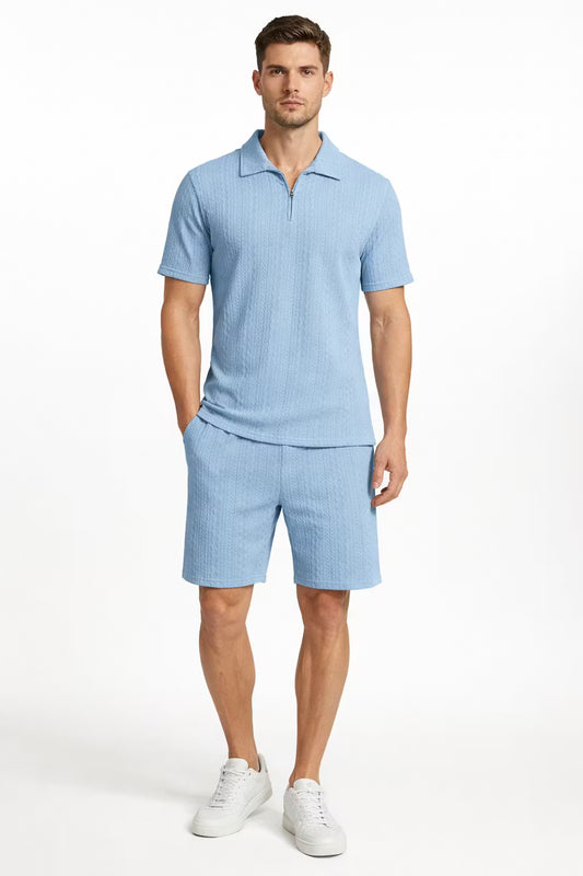 Textured Zip Polo and Shorts Set